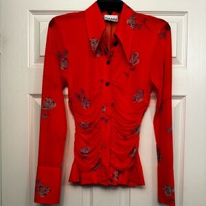 Ganni Red Ruched Long Sleeve Button Down Shirt